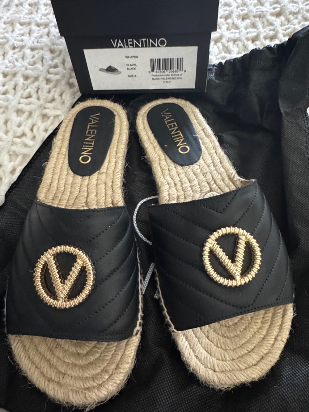 Valentino Black Quilted Espadrille Slide Sandals with Gold V Emblem